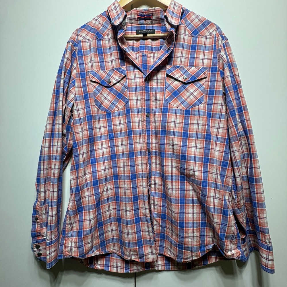 Banana Republic Slim Fit Shirt Mens XL Red Blue Plaid Cotton Snap Button Western